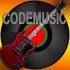 A red guitar on a black vinyl disc with the red center AV codemusic SP - Happy