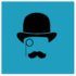 It is a stylized design in the style of the 20s and 30s, of a gentleman in black with a hat and glasses from that time, on a blue background. Eman AV SP - Just Be Happy