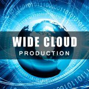The inscription Wide Cloud Production placed on a black background which is on a blue and white square with numbers 0 and 1
