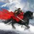 A knight riding a black horse and a young woman sitting in front of him. The dominant colors are black, white and red. Epic Glory AV SP - Piano in Orchestral Epic