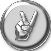 A hand with the victory sign of silver color, on the round bottom and also silver color