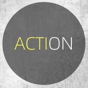 The word ACTION written in a grey circle, placed on a light grey background