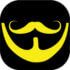 a moustache, a smile and writings in yellow on a black background